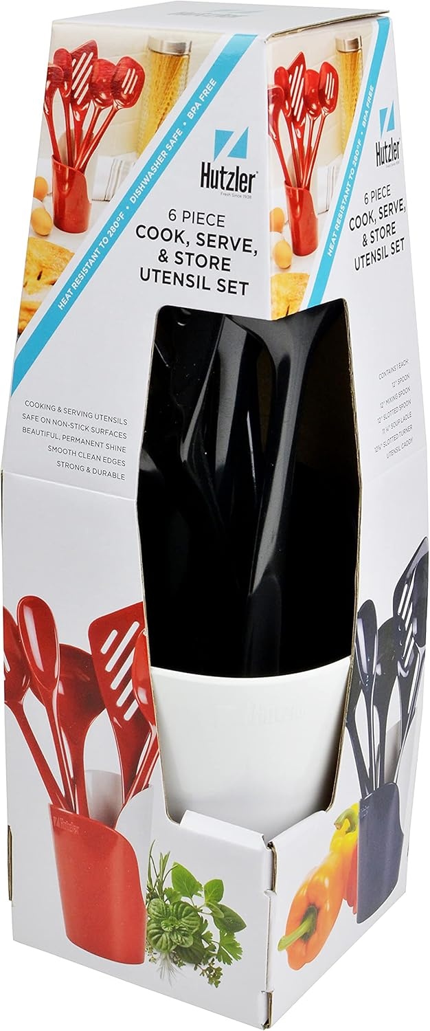 image:imageHutzler 6piece Melamine Cooking Utensils Set Includes a 12inch Long Slotted Spoon Solid Spoon Mixing Spoon Slotted Turner Soup Ladle and Storage Crock GrayBlack