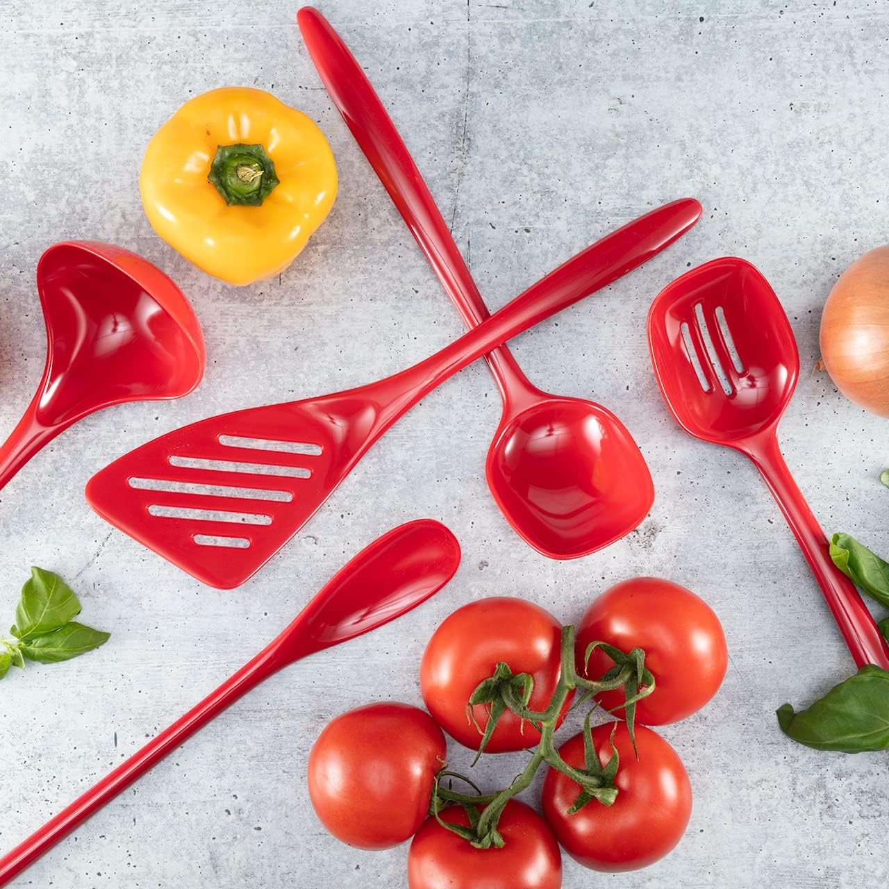 image:imageHutzler 6piece Melamine Cooking Utensils Set Includes a 12inch Long Slotted Spoon Solid Spoon Mixing Spoon Slotted Turner Soup Ladle and Storage Crock GrayRed