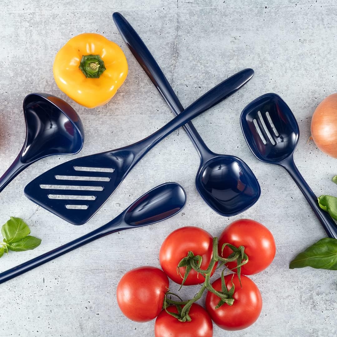 image:imageHutzler 6piece Melamine Cooking Utensils Set Includes a 12inch Long Slotted Spoon Solid Spoon Mixing Spoon Slotted Turner Soup Ladle and Storage Crock GrayBlue