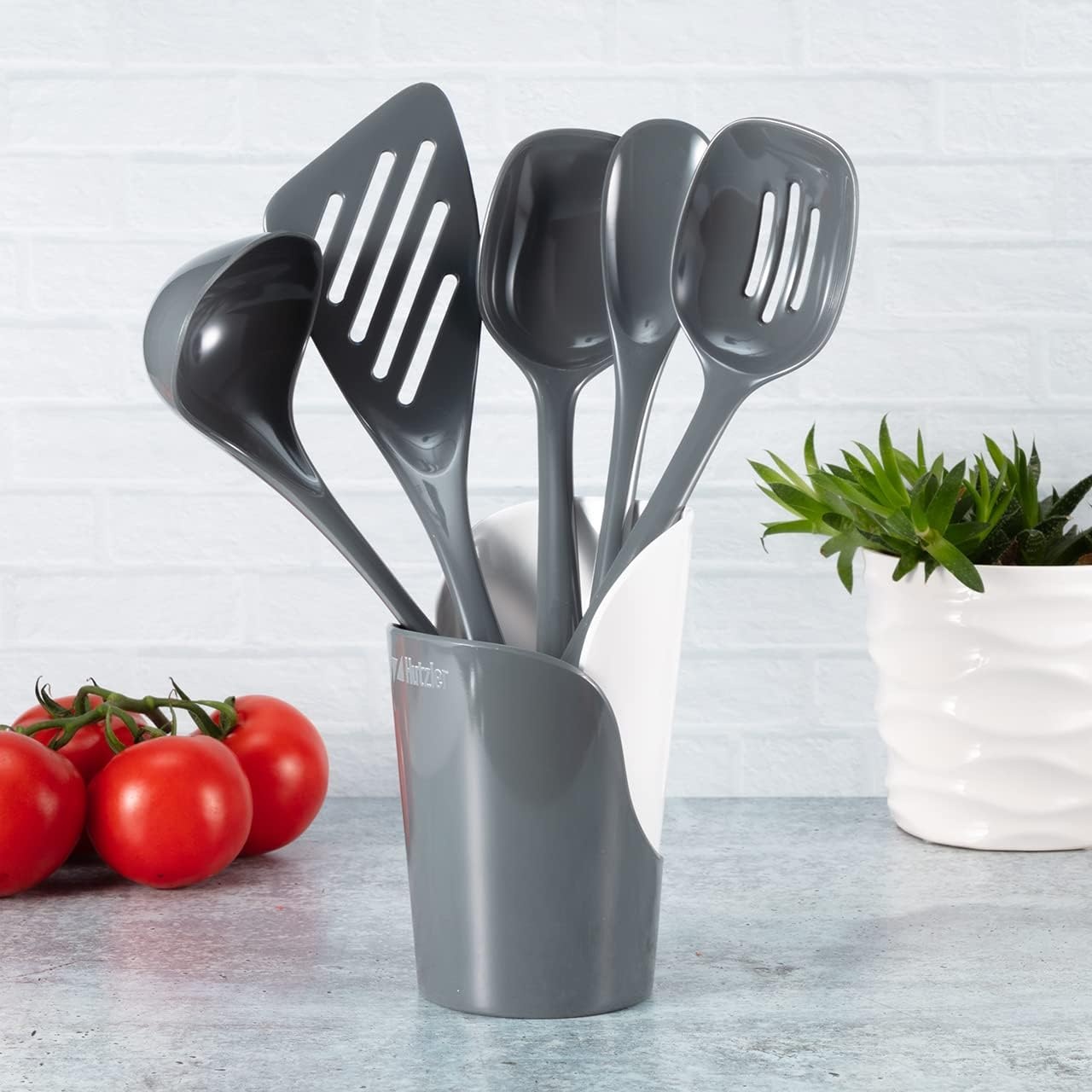 image:imageHutzler 6piece Melamine Cooking Utensils Set Includes a 12inch Long Slotted Spoon Solid Spoon Mixing Spoon Slotted Turner Soup Ladle and Storage Crock GrayGray