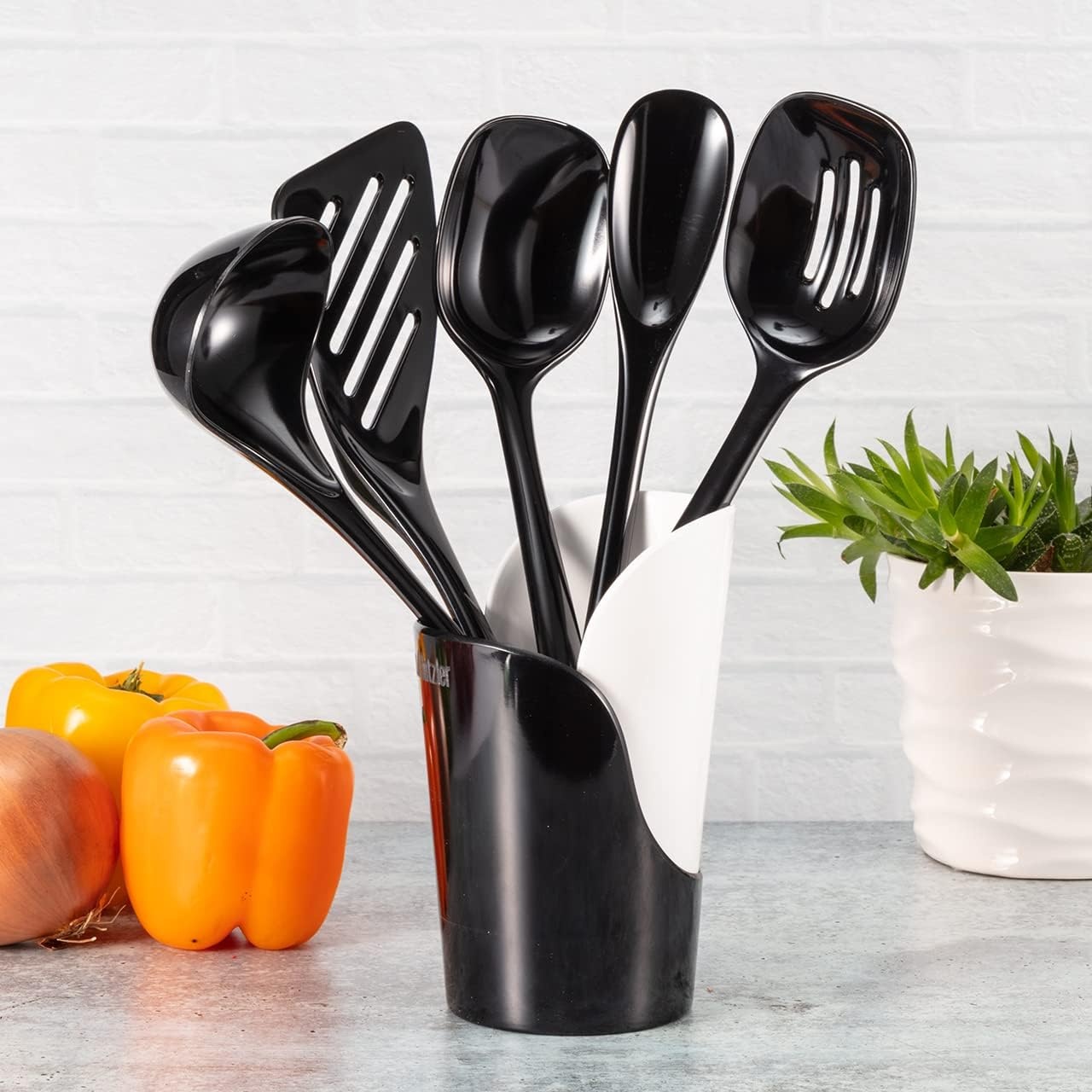 image:imageHutzler 6piece Melamine Cooking Utensils Set Includes a 12inch Long Slotted Spoon Solid Spoon Mixing Spoon Slotted Turner Soup Ladle and Storage Crock GrayBlack