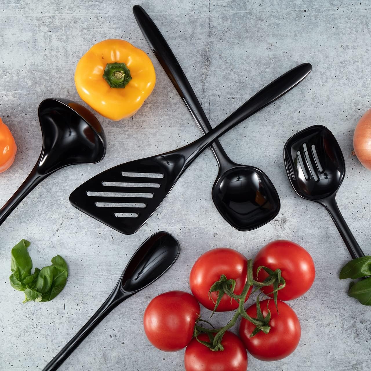 image:imageHutzler 6piece Melamine Cooking Utensils Set Includes a 12inch Long Slotted Spoon Solid Spoon Mixing Spoon Slotted Turner Soup Ladle and Storage Crock GrayBlack