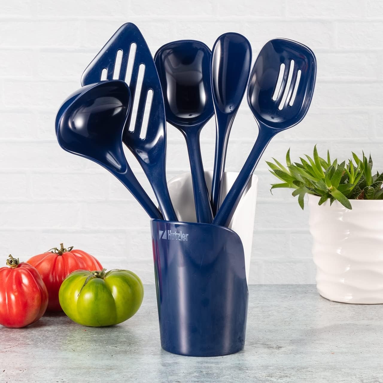 image:imageHutzler 6piece Melamine Cooking Utensils Set Includes a 12inch Long Slotted Spoon Solid Spoon Mixing Spoon Slotted Turner Soup Ladle and Storage Crock GrayBlue