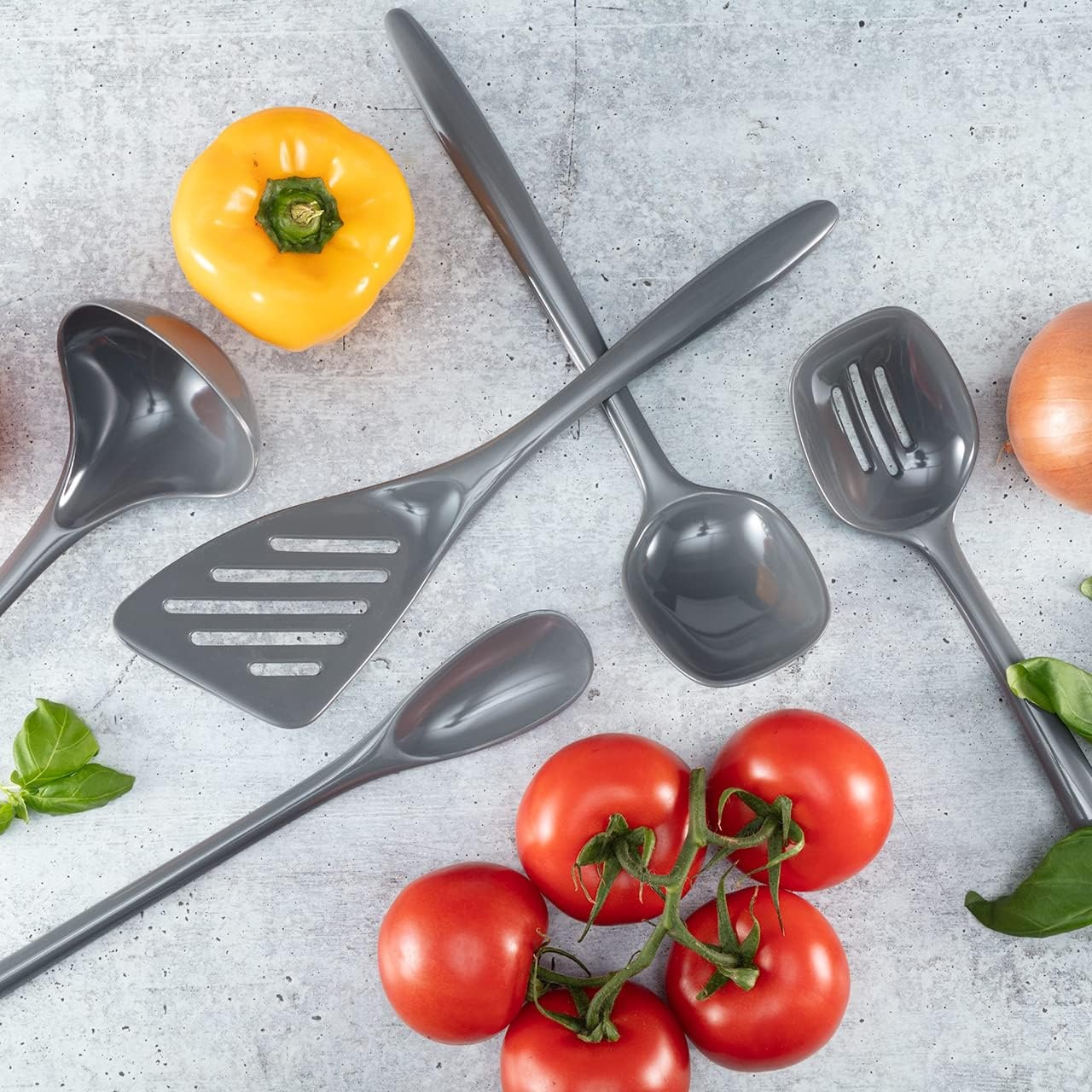 image:imageHutzler 6piece Melamine Cooking Utensils Set Includes a 12inch Long Slotted Spoon Solid Spoon Mixing Spoon Slotted Turner Soup Ladle and Storage Crock GrayGray