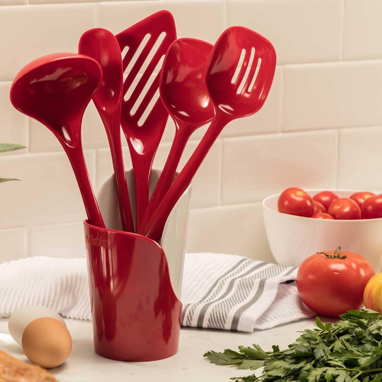 image:imageHutzler 6piece Melamine Cooking Utensils Set Includes a 12inch Long Slotted Spoon Solid Spoon Mixing Spoon Slotted Turner Soup Ladle and Storage Crock GrayRed