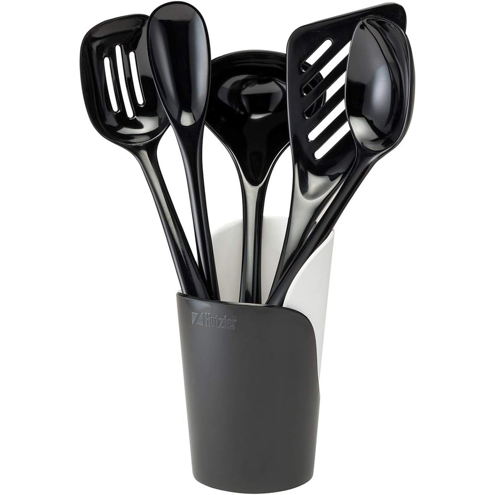 image:imageHutzler 6piece Melamine Cooking Utensils Set Includes a 12inch Long Slotted Spoon Solid Spoon Mixing Spoon Slotted Turner Soup Ladle and Storage Crock GrayBlack