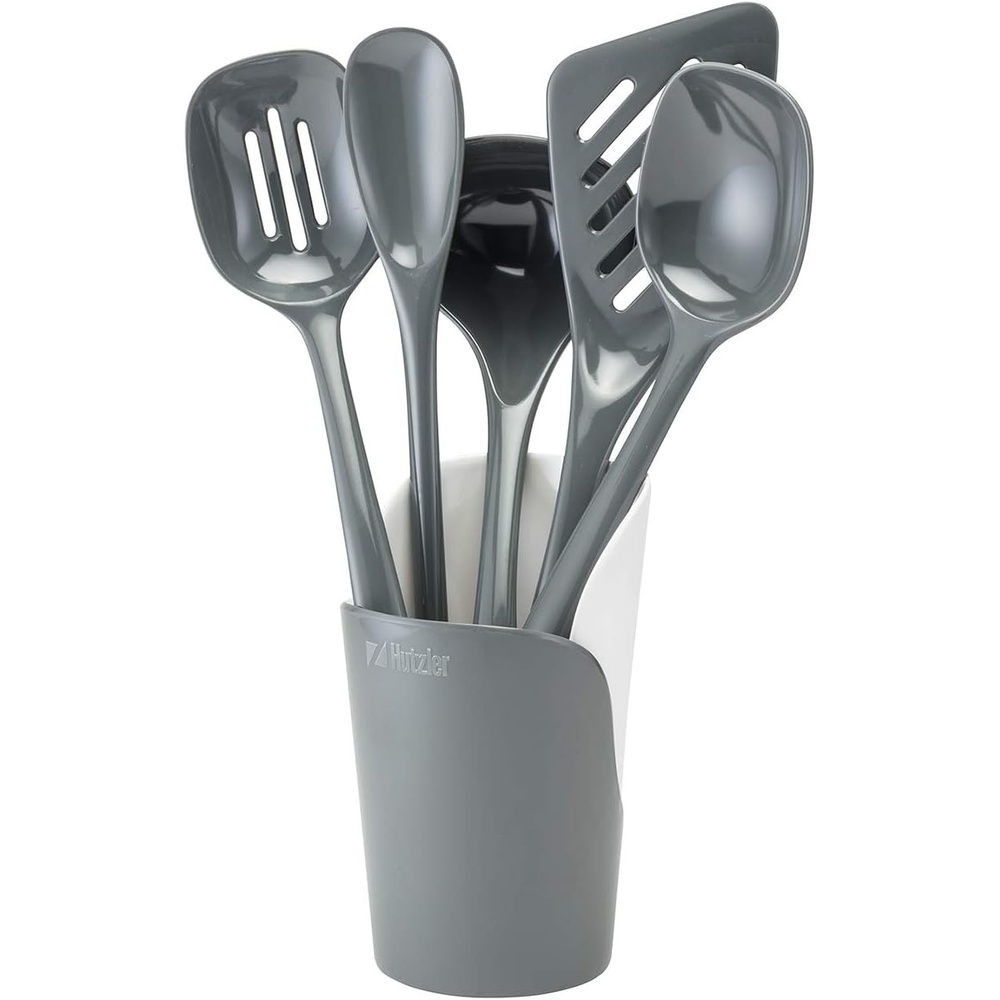 image:imageHutzler 6piece Melamine Cooking Utensils Set Includes a 12inch Long Slotted Spoon Solid Spoon Mixing Spoon Slotted Turner Soup Ladle and Storage Crock GrayGray