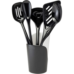 image:imageHutzler 6piece Melamine Cooking Utensils Set Includes a 12inch Long Slotted Spoon Solid Spoon Mixing Spoon Slotted Turner Soup Ladle and Storage Crock GrayBlack