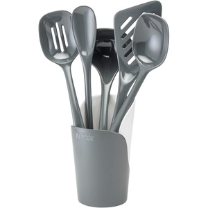 image:imageHutzler 6piece Melamine Cooking Utensils Set Includes a 12inch Long Slotted Spoon Solid Spoon Mixing Spoon Slotted Turner Soup Ladle and Storage Crock GrayGray