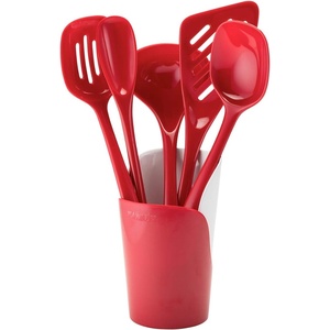 image:imageHutzler 6piece Melamine Cooking Utensils Set Includes a 12inch Long Slotted Spoon Solid Spoon Mixing Spoon Slotted Turner Soup Ladle and Storage Crock GrayRed