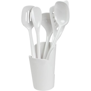 image:imageHutzler 6piece Melamine Cooking Utensils Set Includes a 12inch Long Slotted Spoon Solid Spoon Mixing Spoon Slotted Turner Soup Ladle and Storage Crock GrayWhite