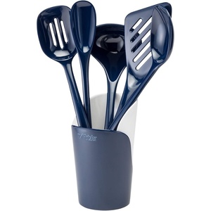 image:imageHutzler 6piece Melamine Cooking Utensils Set Includes a 12inch Long Slotted Spoon Solid Spoon Mixing Spoon Slotted Turner Soup Ladle and Storage Crock GrayBlue