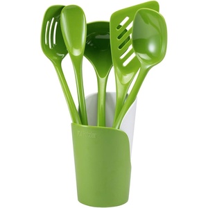 image:imageHutzler 6piece Melamine Cooking Utensils Set Includes a 12inch Long Slotted Spoon Solid Spoon Mixing Spoon Slotted Turner Soup Ladle and Storage Crock GrayGreen